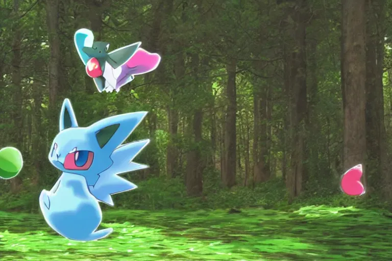 Prompt: a photo of the Pokémon Mew flying over a mystical forest