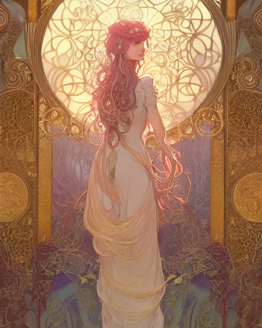 Prompt: secret romance, highly detailed, very intricate, art nouveau, gold filigree, romantic storybook fantasy, soft cinematic lighting, award - winning, disney concept art watercolor illustration by mandy jurgens and alphonse mucha and alena aenami, pastel color palette, featured on artstation