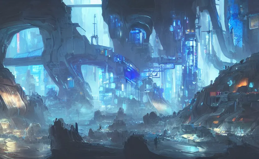 Image similar to cyberpunk factory in a dark cave, blue crystals, concept art by frank hong, mate painting, artstation