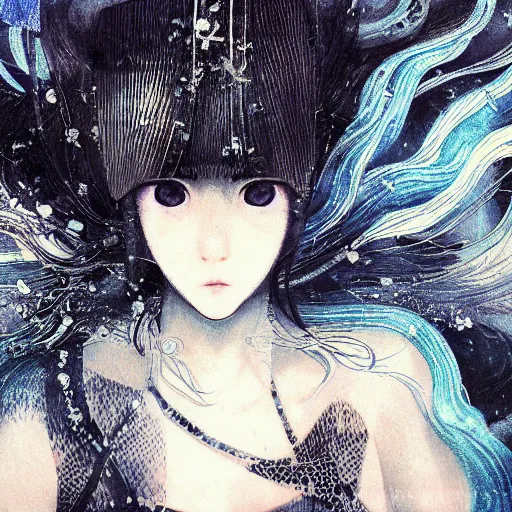 Image similar to yoshitaka amano blurred and dreamy realistic illustration of a young japanese woman with black eyes, wavy white hair fluttering in the wind wearing elden ring armor with engraving, abstract patterns in the background, satoshi kon anime, noisy film grain effect, highly detailed, renaissance oil painting, weird portrait angle, blurred lost edges, three quarter view