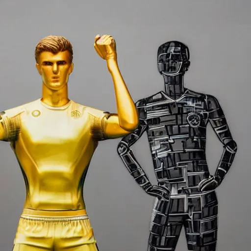 Image similar to a realistic detailed photo of a guy who is an attractive humanoid who is half robot and half humanoid, who is a male android, soccer players martin ødegaard & timo werner, shiny skin, posing like a statue, blank stare, in a lab, on display, showing off his muscles, gold soccer shorts, no jersey, statue, many copies of them