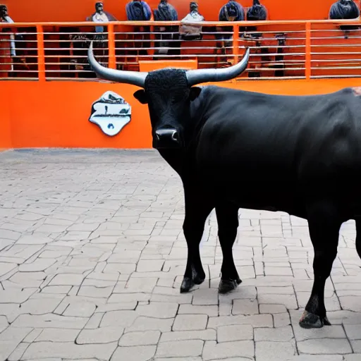 Prompt: bull in a bullring wearing orange prisoner clothes