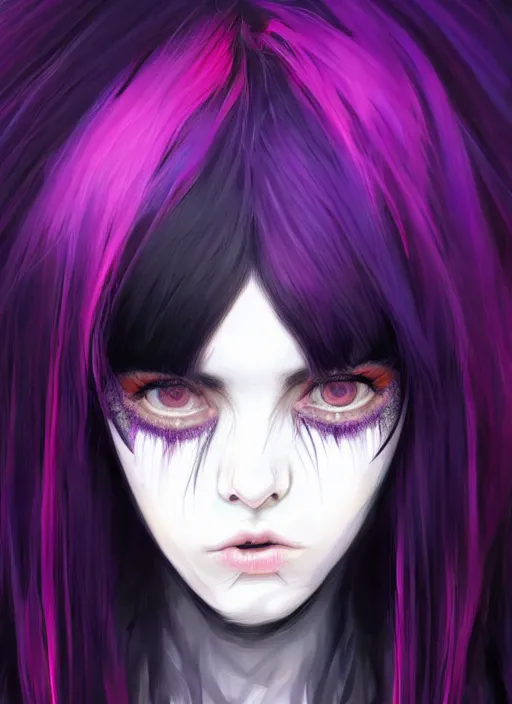 Image similar to hair blackbangs hair, white cyberlox, portrait of normal teenage girl, normal face, black bangs, messy bangs, fluffy bangs, cyberlox, whitebangs, red contact lenses, purple background, intricate, elegant, highly detailed, digital painting, artstation, concept art, sharp focus, smooth, illustration, art by wlop, mars ravelo and greg rutkowski