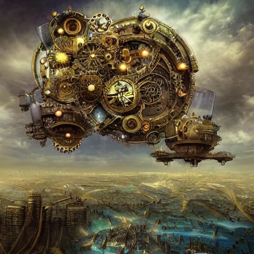 Image similar to flying city in a mechanical flower, detailed, sky, fantasy art, steampunk, masterpiece