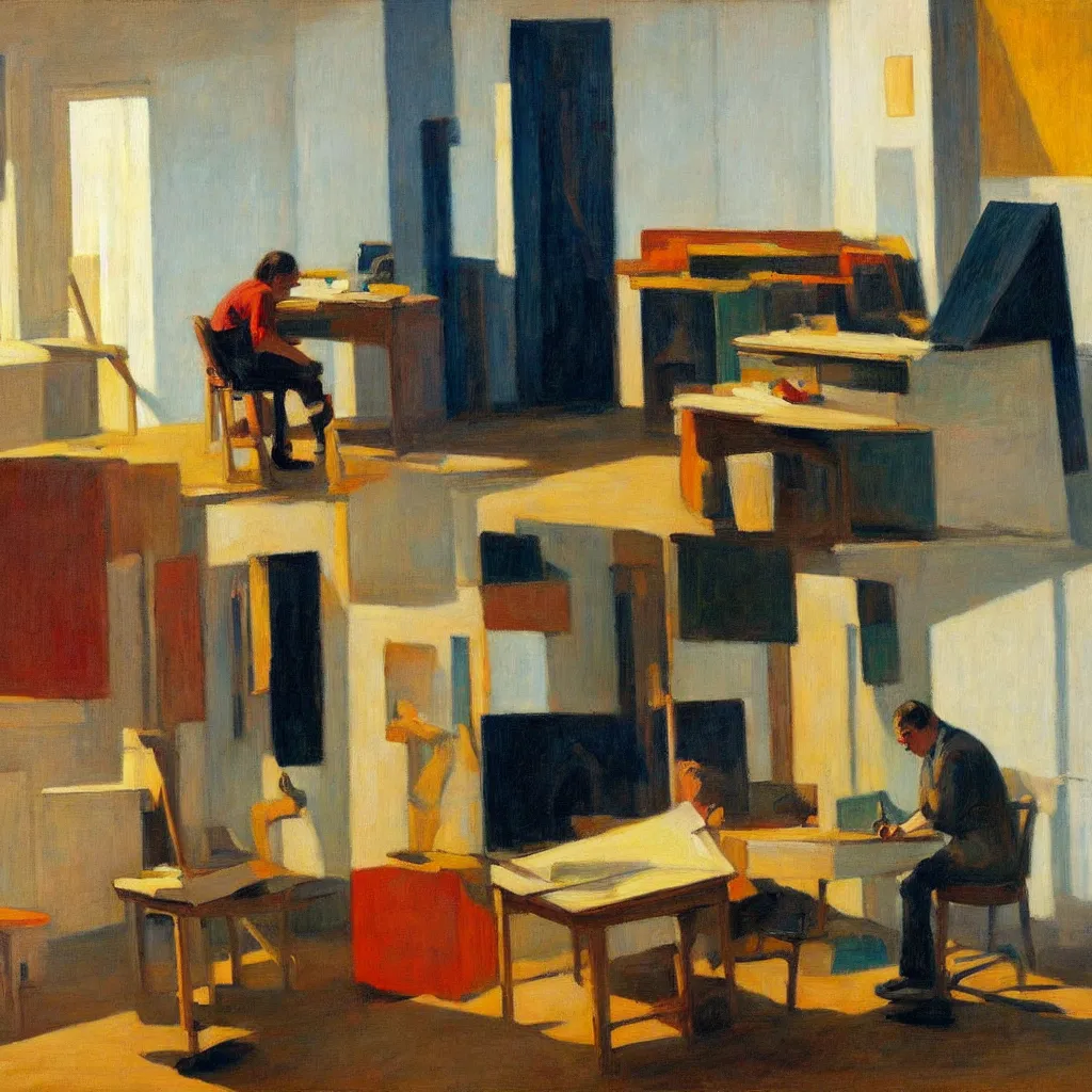 Image similar to painting of a artist, creating in his studio alone, in a huge studio, in the style of edward hopper