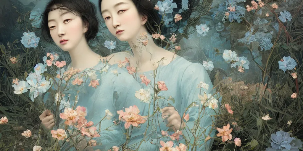 Image similar to breathtaking detailed concept art painting blend of two goddess of light blue flowers by hsiao - ron cheng with anxious piercing eyes, vintage illustration pattern with bizarre compositions blend of flowers and fruits and birds by beto val and john james audubon, exquisite detail, extremely moody lighting, 8 k