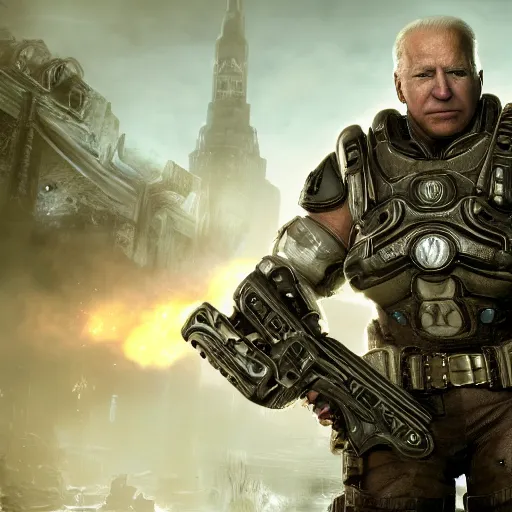 Image similar to Photo portrait of Joe Biden in Gears of War, splash art, movie still, detailed face, photorealistic facial features, cinematic lighting, dramatic, octane render, long lens, shallow depth of field, bokeh, anamorphic lens flare, 8k, hyper detailed, 35mm film grain