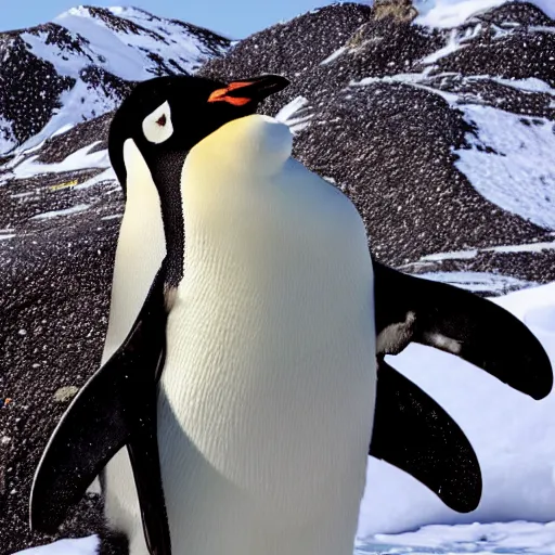 Prompt: hyperrealistic photo of a penguin with dangerous tusks, an arctic wildlife photographer's picture, extremely detailed feathers, impressive shading, snowscapes in the background
