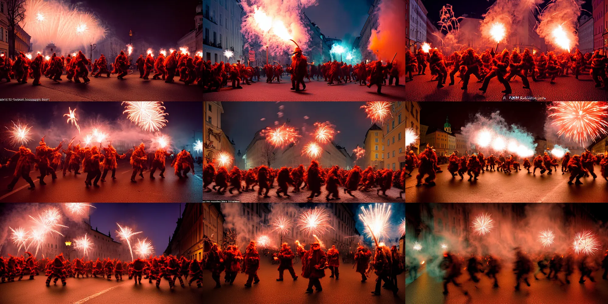 Prompt: kodak portra 4 0 0, winter, hellfire, award winning dynamic photograph of a bunch of hazardous krampus by robert capas, in muted colours, striped orange and teal, motion blur, on a street in salzburg at night with colourful pyro fireworks and torches