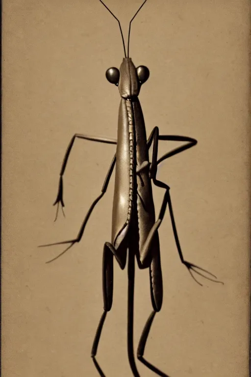 Prompt: anthropomorphic praying mantis, wearing a suit, vintage photograph, sepia