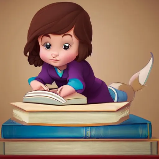 Image similar to a little girl with short wavy brown hair sits on top of a pile of books reading a book in a still from a disney movie. beautiful disney cartoon character art, high quality, detailed face