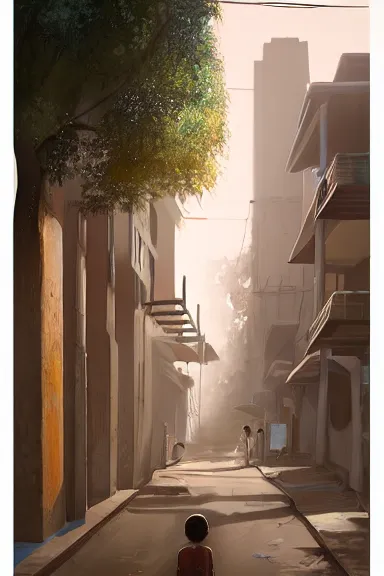 Image similar to alley in a big african city, a lonely kid, summer, david febland, artstation, matte painting