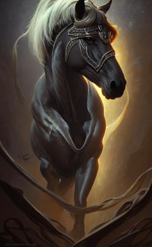 Image similar to horse art by giger, deep focus, d & d, dark fantasy, intricate glow accents, elegant, highly detailed, digital painting, artstation, concept art, matte, sharp focus, 8 k 3 d, hearthstone, art by artgerm and greg rutkowski and alphonse mucha