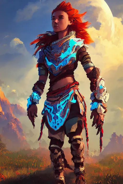 Image similar to combination suit armor aloy horizon forbidden west horizon zero dawn radiating a glowing aura global illumination ray tracing hdr fanart arstation by ian pesty and alena aenami artworks in 4 k tribal robot ninja mask helmet backpack