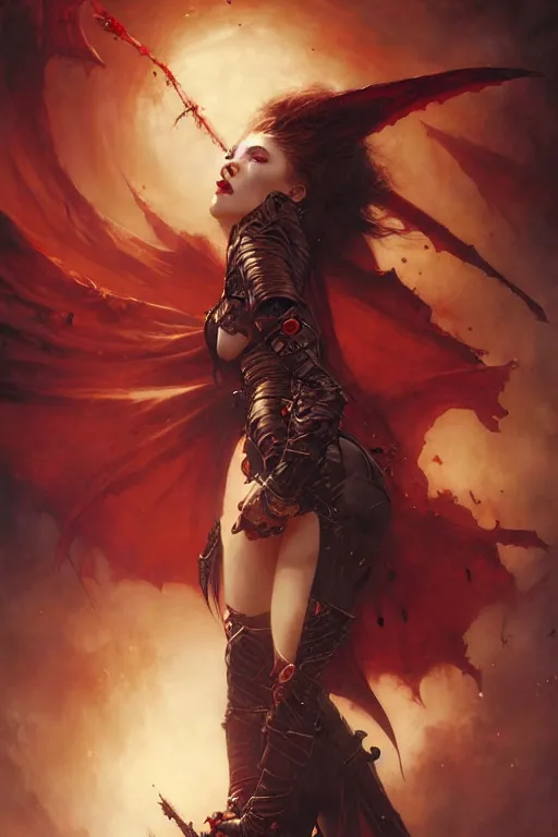 Image similar to powerful female vampire warrior by raymond swanland, gaston bussiere, simon bisley, anna podedworna, ayami kojima, greg rutkowski, maxim verehin