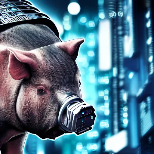 Prompt: a portrait photograph of a big aggressive male cyberpunk pig, circuit boards, motherboard, mainboard, wires, cable management, electrical wires, activity lights, cyberpunk, artstation, detail, hyperrealistic, digital photograph, natural light canon eos c 3 0 0, ƒ 1. 8, 3 5 mm, 8 k