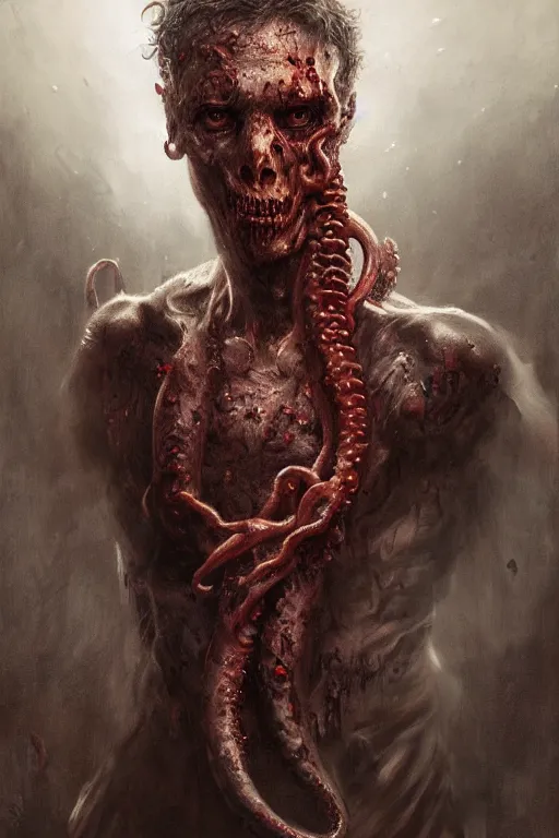 Prompt: realistic portrait beautiful detailed matte painting of cinematic movie scene of a zombie soldier, tentacles, horror, created by gustave dore and greg rutkowski, high detailed, smooth draw, synthwave neon retro, intricate, realistic proportions, dramatic lighting, trending on artstation.