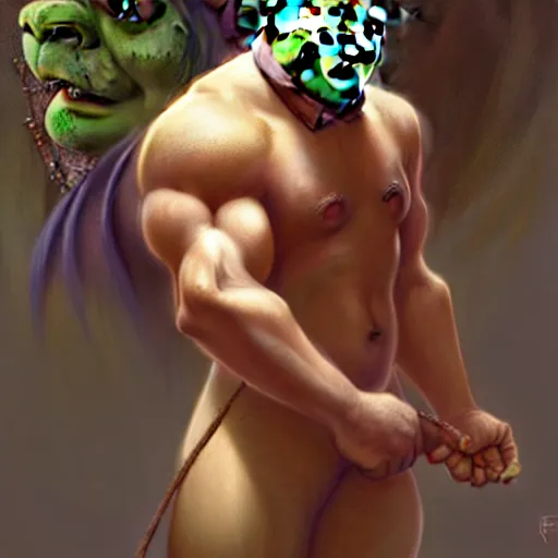 Image similar to Shrek from dreamswork, muscular upper body, D&D, fantasy, intricate, elegant, highly detailed, digital painting, artstation, concept art, smooth, sharp focus, illustration, art by artgerm and greg rutkowski and alphonse mucha
