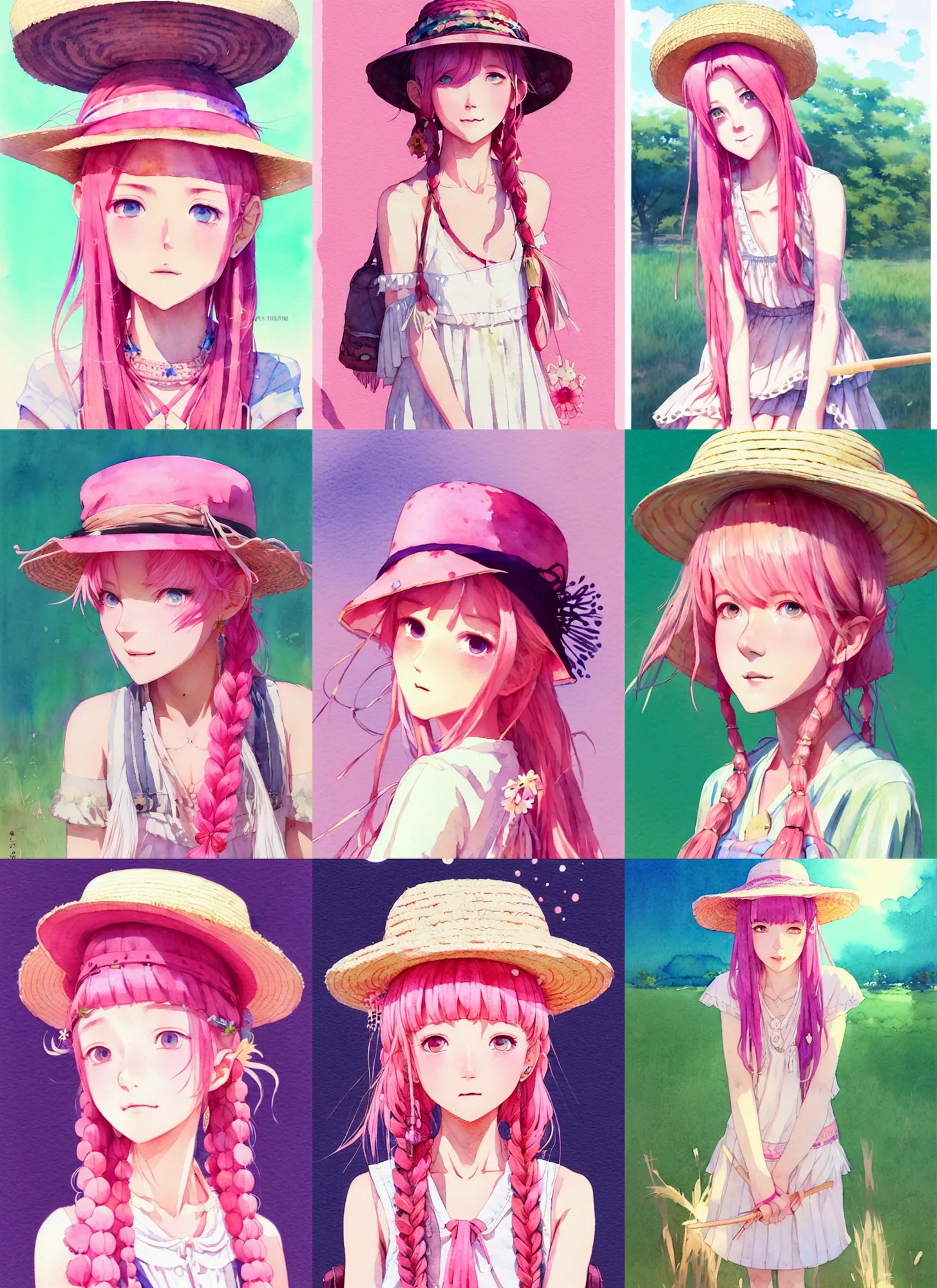 Prompt: portrait of a cute girl with pink hair with straw hat dress in boho style camping, symmetry face, top lighting, cute - fine - face, ( watercolor ), kitagawa marin, art by hidari and krenz cushart and wenjun lin and starember and kuvshinov ilya and kidmo and conrad roset