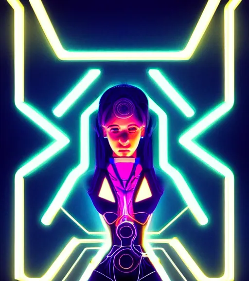 Image similar to symmetry!! latin princess of technology, solid cube of light, hard edges, product render retro - futuristic poster scifi, lasers and neon circuits, beautiful woman latin princess, intricate, elegant, highly detailed, digital painting, artstation, concept art, smooth, sharp focus, illustration, dreamlike, art by artgerm