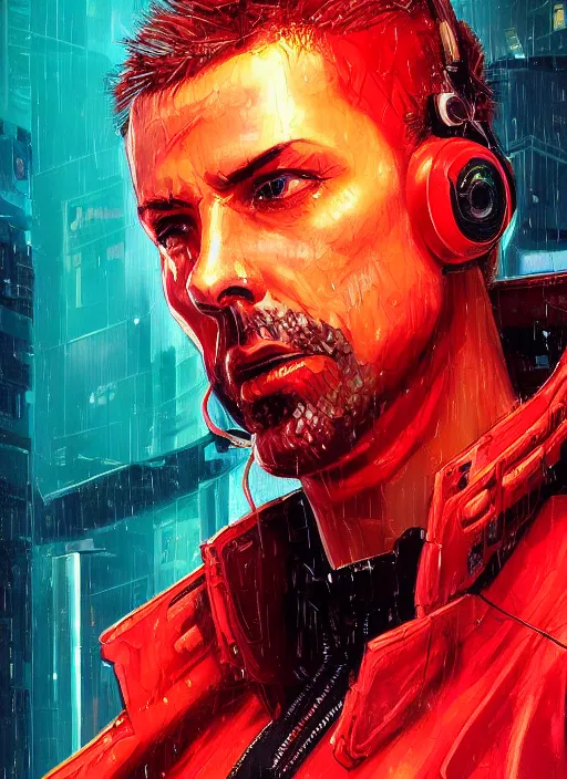 Image similar to cyberpunk character wearing jumpsuit and red jacket and cyberpunk headset. ( blade runner 2 0 4 9, dystopian, cyberpunk 2 0 7 7 character design ). attractive face. portrait by james gurney and laurie greasley, oil on canvas. cinematic, hyper realism, realistic proportions, anatomy, dramatic lighting, high detail 4 k