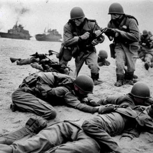 Image similar to ww 2 realistic photo dday, battle on the beach, blood