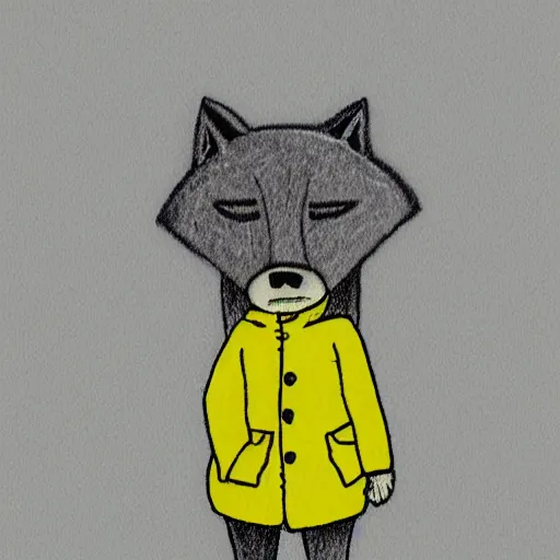 Image similar to cartoon sketch of a wolf wearing a yellow raincoat