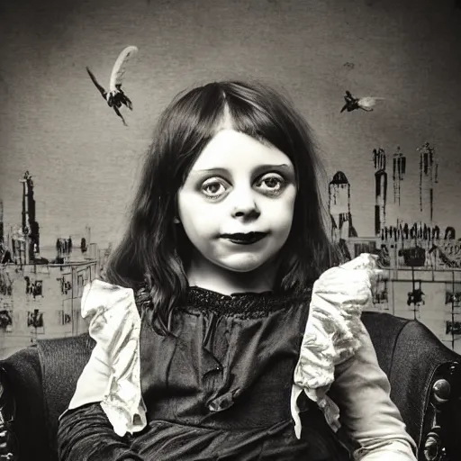 Image similar to a photo of young sad victorian gothic child with big eyes and wide grin sitting on a sofa of bones surrounded by a cyber futuristic cityscape made of human body parts, lighting, 5 0 mm, perfect faces, award winning phhotography