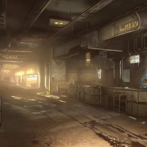 Image similar to fallout concept art subway interior render grim realistic lighting unreal engine 5