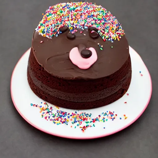 Image similar to chocolate cake with sprinkles in the shape of a dog