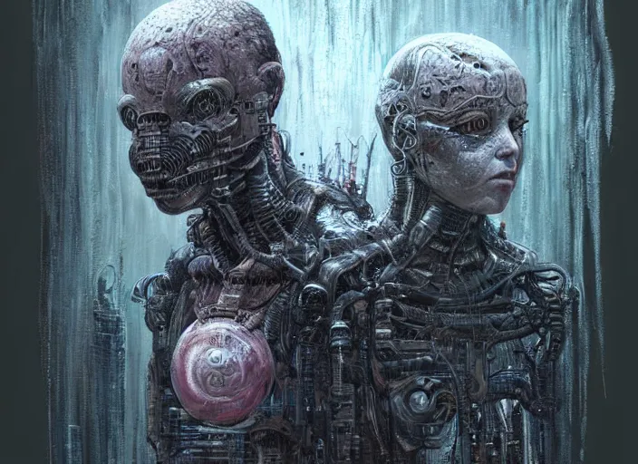 Image similar to highly detailed concept art of neuromancer characters, dystopian post - apocalyptic retrofuturistic vibe, an ultrafine detailed painting by art by hans giger and wayne barlowe, trending on deviantart, pop surrealism, whimsical, lowbrow, perfect symmetrical face, sharp focus, octane, masterpiece