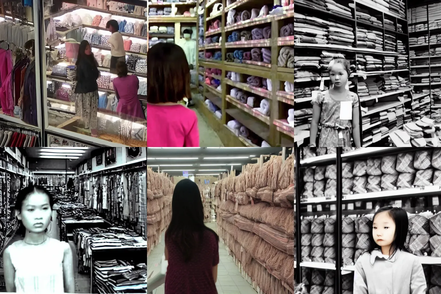 Prompt: A girl in the cloth store, CCTV footage