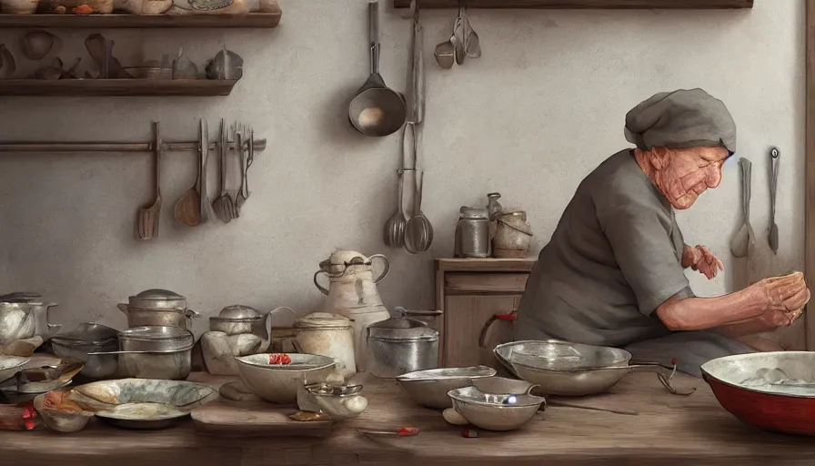 Prompt: old eastern lady cooking in her old wooden kitchen, pan and plates, hyperdetailed, artstation, cgsociety, 8 k