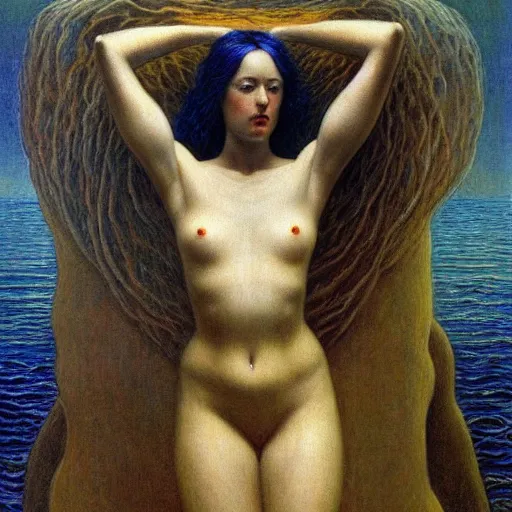 Image similar to gorgeous woman body painted by Jean Delville