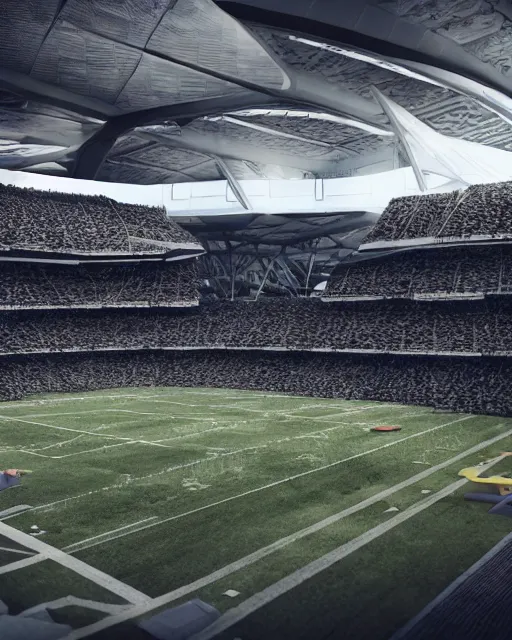 Image similar to a futuristic stadium with a giant black and white gundam on the field, the stadium has a full crowd, unreal engine, hyper realism, realistic shading, cinematic composition, realistic render, octane render, detailed textures, photorealistic, wide shot