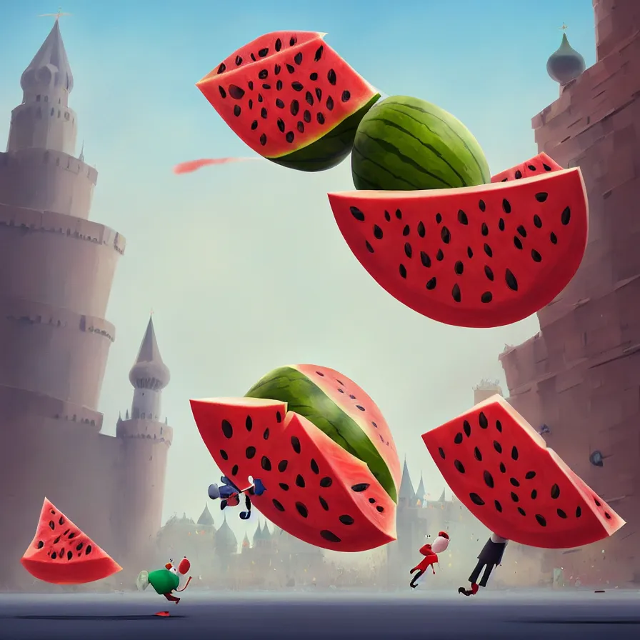 Image similar to Goro Fujita illustrating a watermelon rocket hitting the Red Square Kremlin, art by Goro Fujita, sharp focus, highly detailed, ArtStation