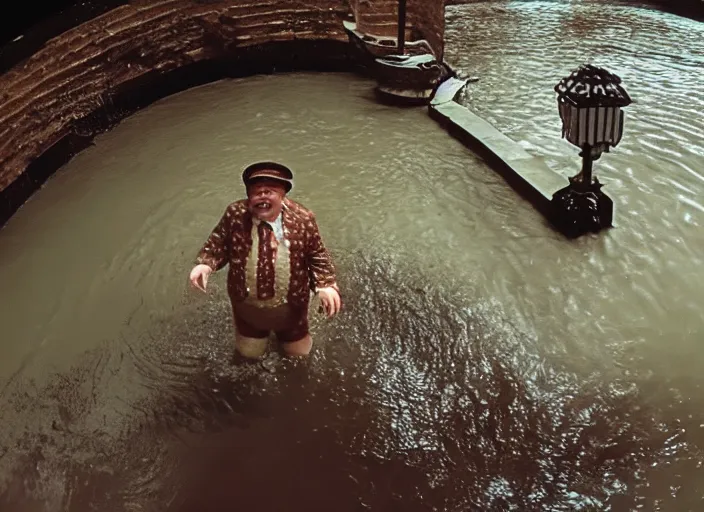 Image similar to grainy security cam footage still of Augustus Gloop in the chocolate river at Willy Wonka's Chocolate Factory, extreme wide angle