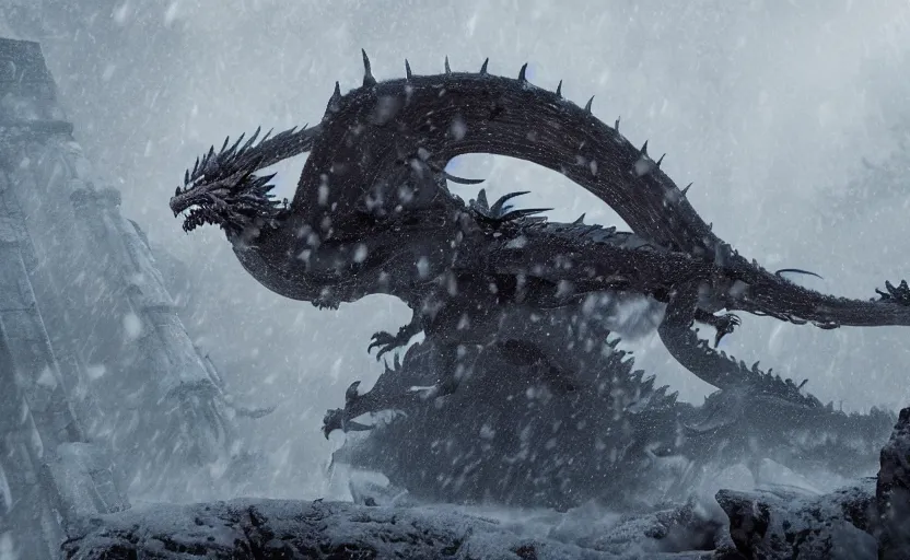 Image similar to A dragon flying over the high city wall in the snowstorm, doomy, Unreal Engine, cinematic photography, highly-detailed, games of thrones, HBO, high resolution