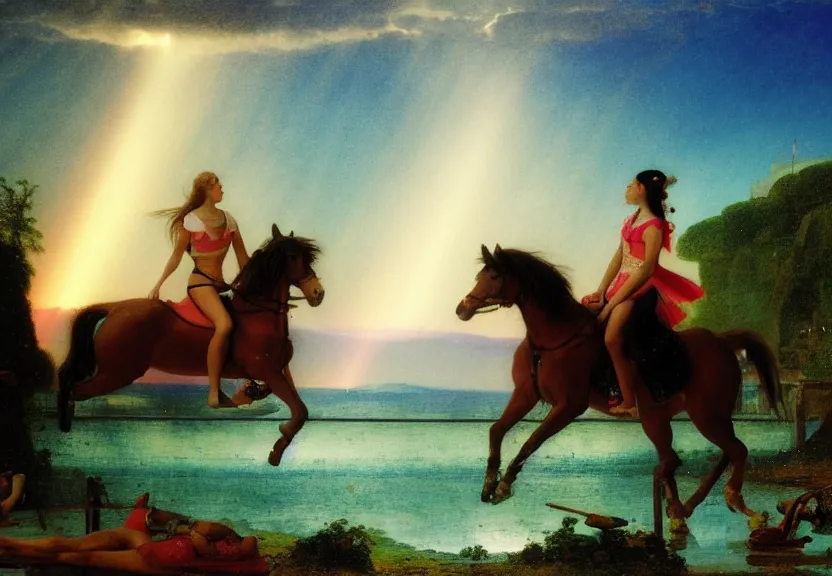 Image similar to Girl riding the horse on the palace bridge, refracted sparkles, thunderstorm, greek pool, beach and Tropical vegetation on the background major arcana sky, by paul delaroche, hyperrealistic 4k uhd, award-winning, very very very detailed