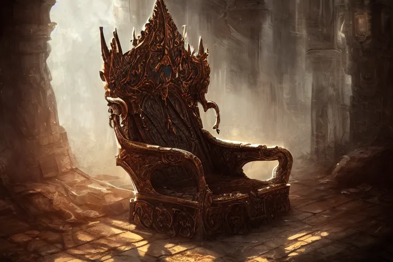 Prompt: A magical chair, texture, intricate, details, highly detailed, masterpiece, architecture, building, trending on artstation, focus, sharp focus, concept art, digital painting, fantasy, sunny, day, midday, in the style of Wizards of the Coast