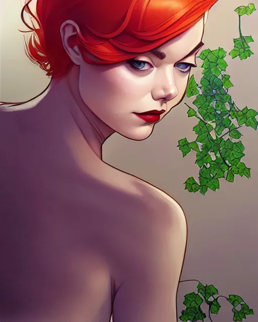 Prompt: joshua middleton, phil noto, artgerm, emma stone poison ivy dc comics, vines, symmetrical eyes, city rooftop