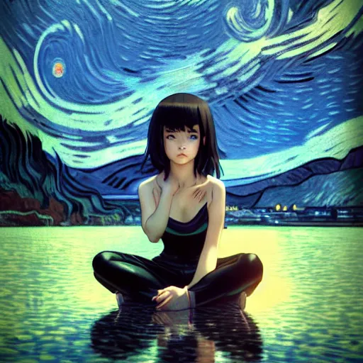 Prompt: very tiny girl by artgerm, green eyes and long black hair by ilya kuvshinov, sitting in a crystal clear lake painted by van gogh, rtx reflections, octane render 1 2 8 k, extreme high intricate details by wlop, digital anime art by ross tran, wide shot, composition by tom bagshaw, lighting by wlop