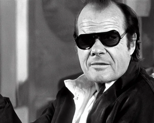Prompt: jack nicholson plays termiantor, scene where his endoskelet gets exposet