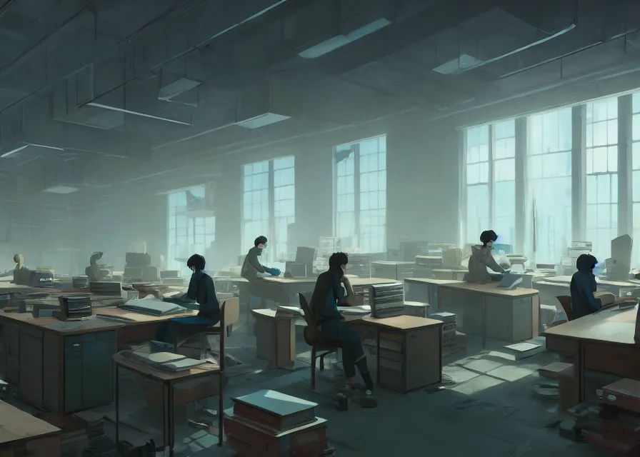 Image similar to an interior room with old pc computers stacked on the walls and people sitting at desks, makoto shinkai, dusty, matte painting