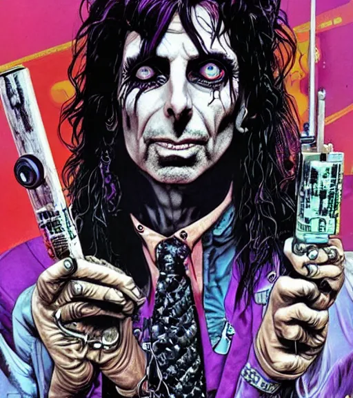 Image similar to a cyberpunk Alice Cooper detailed illustration, character portrait, by Martin Grip and Moebius