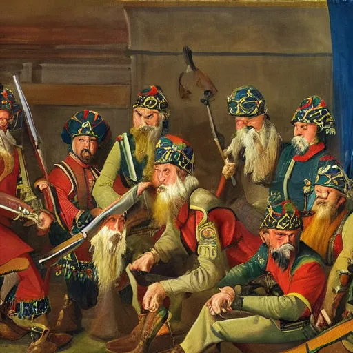 Prompt: a painting of Reply of the Zaporozhian Cossacks to Turkish Sultan, all the faces of Gollum