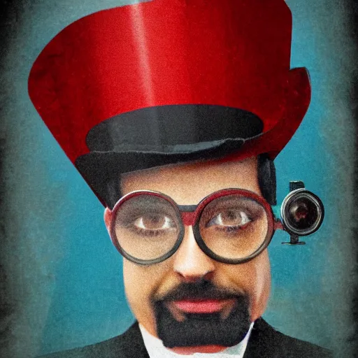 Image similar to portrait of iron man wearing a top hat and a monocle, old style photo, focused, realistic, film grain, muted background