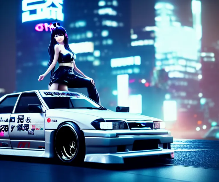 Prompt: toyota jzx 1 0 0 drift with cyberpunk girl standing, detailed - wheels, shibuya prefecture, cinematic lighting, photorealistic, night photography, octane render