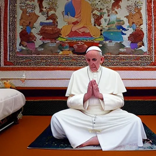 Prompt: Pope Francis becoming a Buddhist monk and meditating in the lotus pose