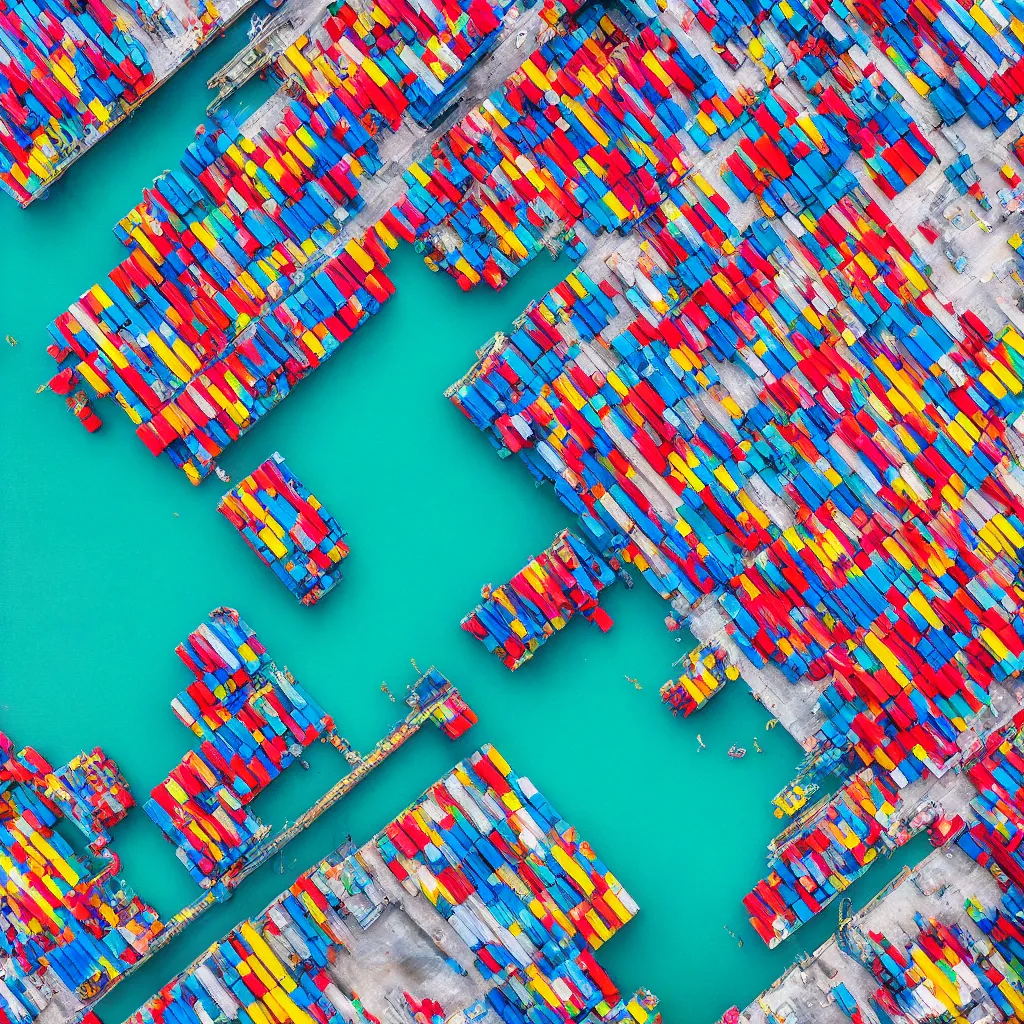 Image similar to colorful construction site with pools of bright blue water, colorful shipping containers, colorful tugboats, birds eye view